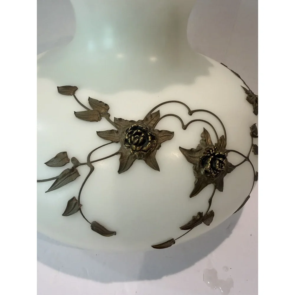 Vintage Carl Falkenstein Satin White Milk Glass Hurricane Lamp Top Globe Floral